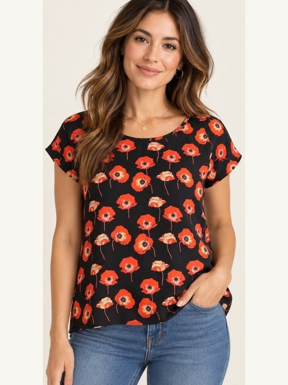 Cabi Flanders Poppy Blouse S Floral Split Back Whimsical Artsy 3251 Boho